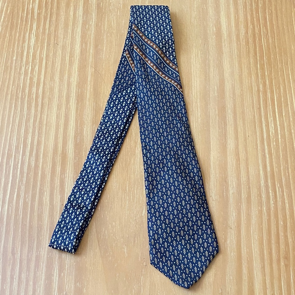 Yves Saint Laurent Vintage Silk Tie Abstract Navy Blue Browns Tans